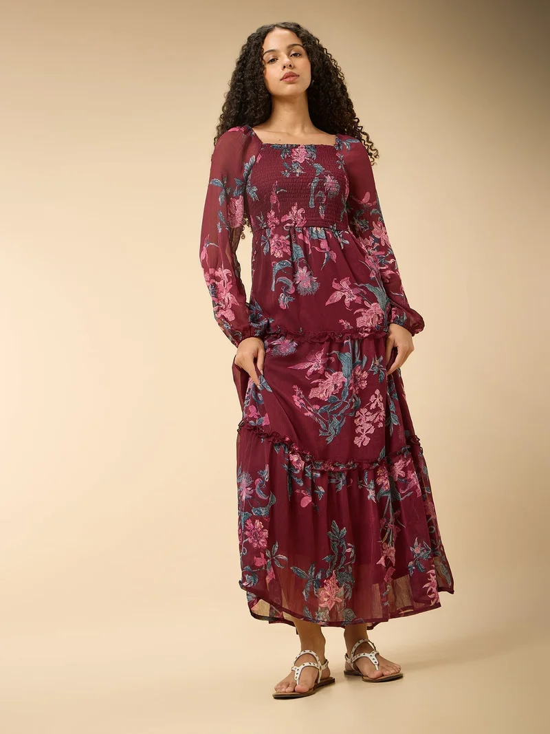Outzidr  Maroon Full Sleeve Fit & Flare Dress for Women | Best Price UAE